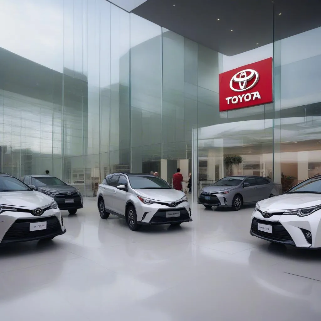 Modern Toyota dealership exterior with cars on display and customers walking in.